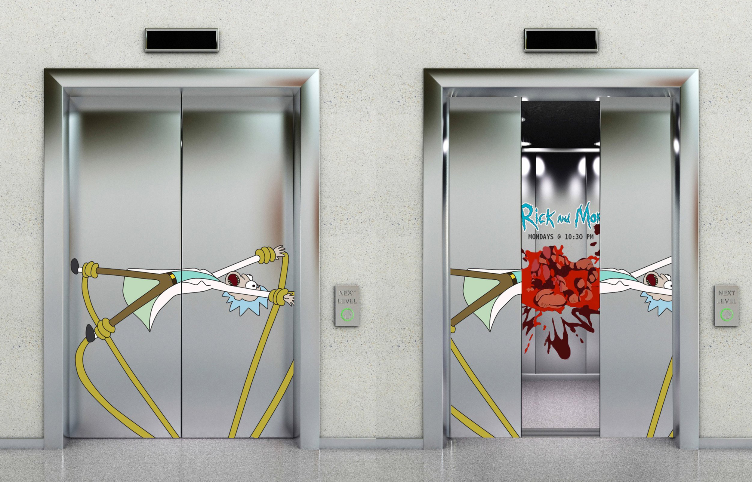 An image of Rick and Morty elevator ad 